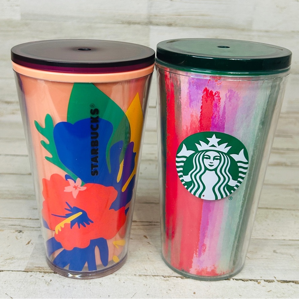 Lot Of 2 Starbucks 2021 Rainbow Color & Tropical Hibiscus 16 oz Tumbler Cup Lid